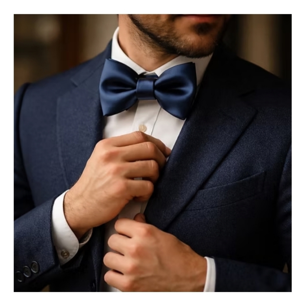 Pre tied Butterfly Classic Hue Satin Bow Tie Navy Blue Wedding Groom Bridal NWT
